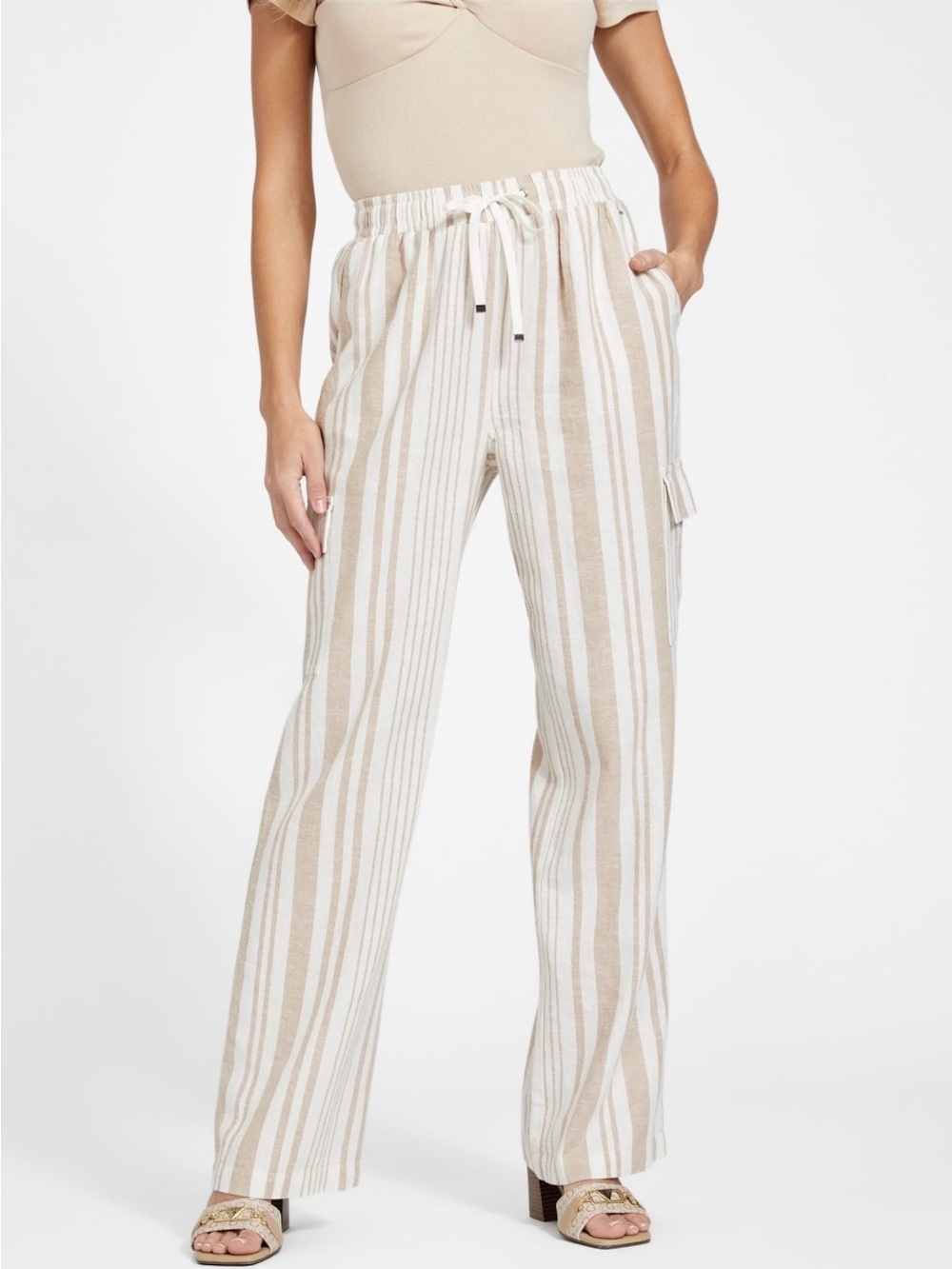 Wide Leg Strip Linen Drawstring Cargo Pants L Beige White Pockets Summer Euro